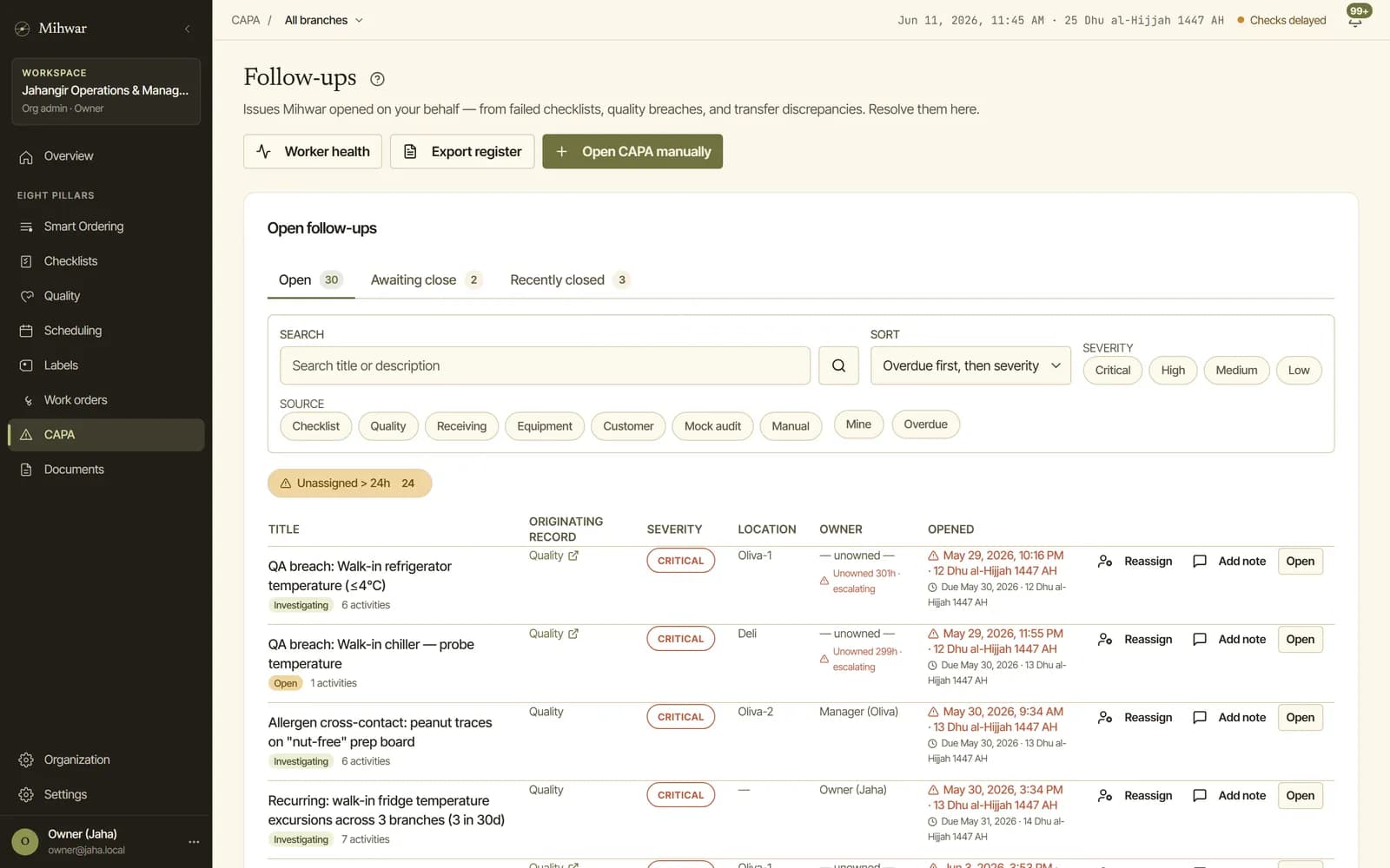 The follow-ups inbox listing corrective actions with owners and due dates