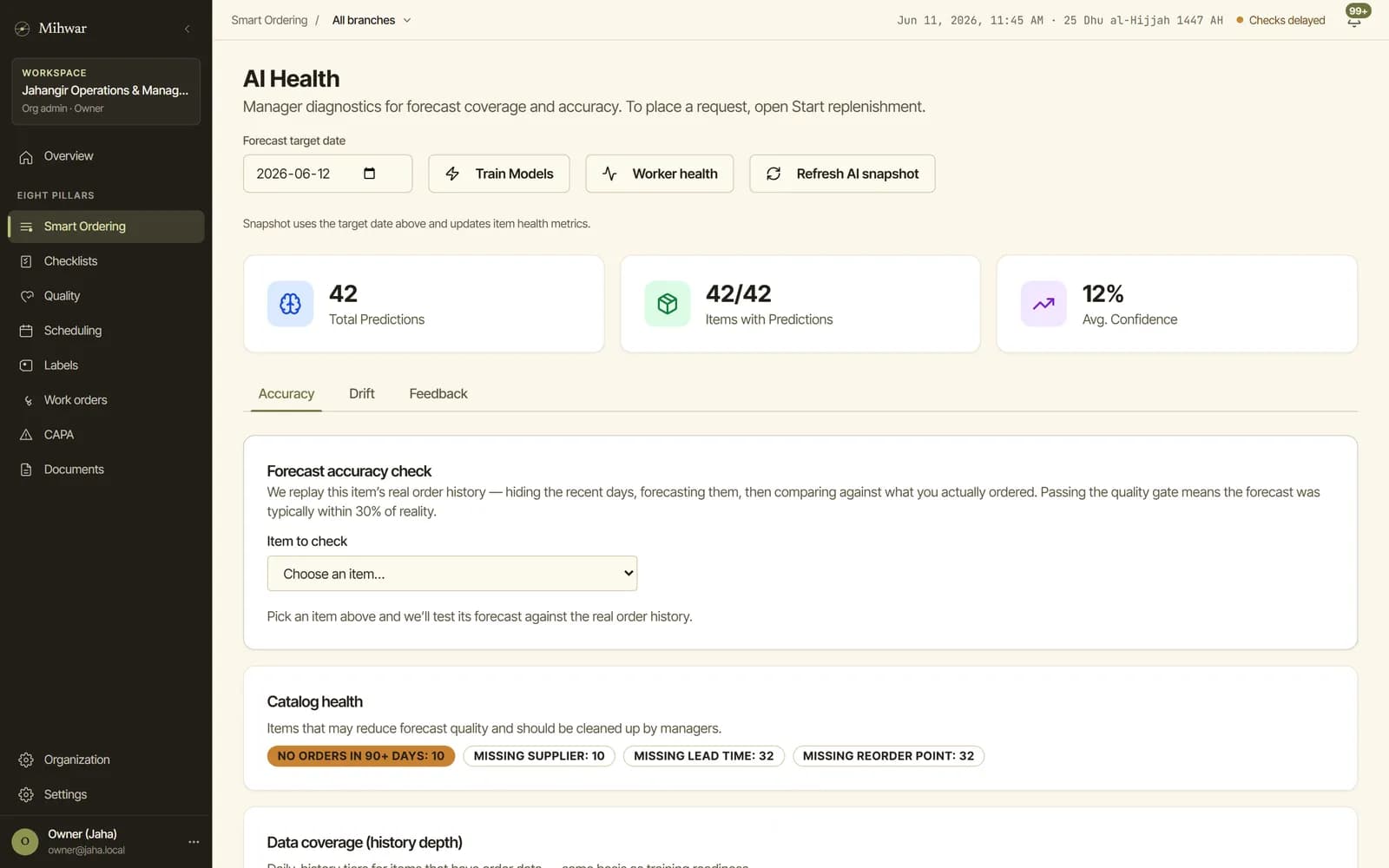 The forecast accuracy page with the walk-forward check and trend charts